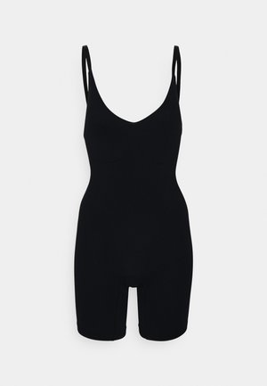 Zwarte bodysuit met een V-hals, dunne verstelbare bandjes en een kort model. Gemaakt van rekbare stof met een gladde textuur en zonder zichtbare patronen.