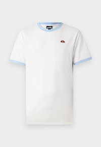White cotton t-shirt with light blue ribbed collar and sleeve edges. Features a small red and orange logo on the chest. Classic fit.