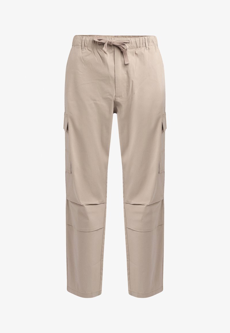 Beige Cargo-Hosen mit elastischem Bund und Kordelzug. Verfügt über zwei Seitentaschen und Cargotaschen an den Beinen. Glattes, leichtes Material.