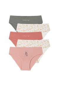 Vier Mädchen Baumwollunterwäsche-Sets in Grün, mit Blumenmuster, Koralle mit dem Text "gemacht aus Magie" und Rosa mit einem Einhorn und Blumendesign.