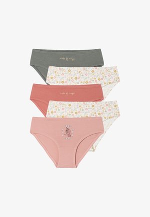 Four girls' cotton underwear sets in green, floral print, coral with “made of magic” text, and pink with a unicorn and flower design.