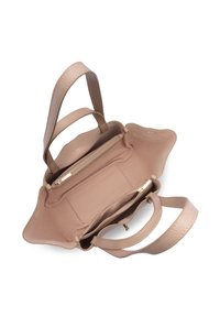 Sac à main en cuir beige avec deux poignées, ouverture supérieure montrant deux compartiments zippés et un diviseur central à l'intérieur.