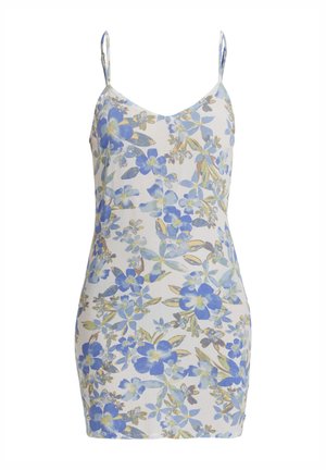 Floral spaghetti strap dress featuring a light fabric with blue and yellow flowers on a cream background. Slim fit with a V-neckline.