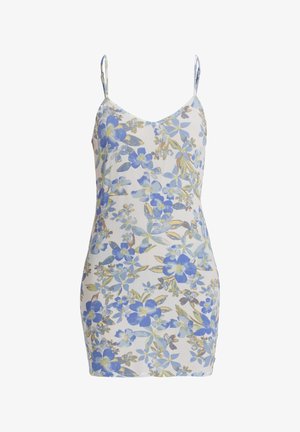 Kwiecista sukienka na ramiączkach wykonana z lekkiego materiału w niebieskie i żółte kwiaty na kremowym tle. Dopasowany fason z dekoltem w kształcie litery V.