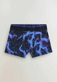 Un caleçon avec une base noire et un motif de foudre bleu et violet vif, taille élastique avec de subtils rayures bleues.
