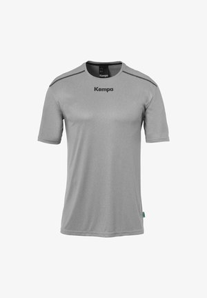 Graues Sport-T-Shirt aus weichem, dehnbarem Stoff. Kurze Ärmel, Rundhalsausschnitt und schwarzes "Kempa"-Logo auf der Brust mit Akzentnähten.