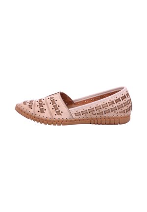 Beige slip-on loafer with cut-out geometric patterns and brown flexible rubber sole, side view on white background.