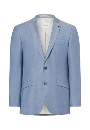 Hellblaues Blazer aus strukturiertem Stoff, mit spitzem Revers, Zwei-Button-Verschluss und zwei vorderen Taschen. Weiße Innenauskleidung.