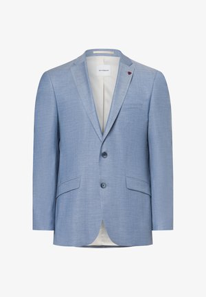 Hellblaues Blazer aus strukturiertem Stoff, mit spitzem Revers, Zwei-Button-Verschluss und zwei vorderen Taschen. Weiße Innenauskleidung.