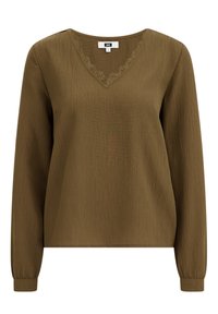 Olivgrön långärmad topp med V-ringning, texturerat tyg och en delikat spetsdetalj längs ringningen. Standardpassform, elastiska ärmslut.