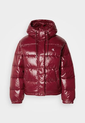 Burgundy puffer jacket with a glossy finish, adjustable hood, and two front pockets. Features an embroidered logo on the upper left side.