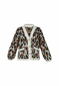 Cardigan à imprimé léopard en tricot doux. Présente un col en V, des manches longues, deux poches avant et des boutons dorés. Principalement blanc, marron et noir.