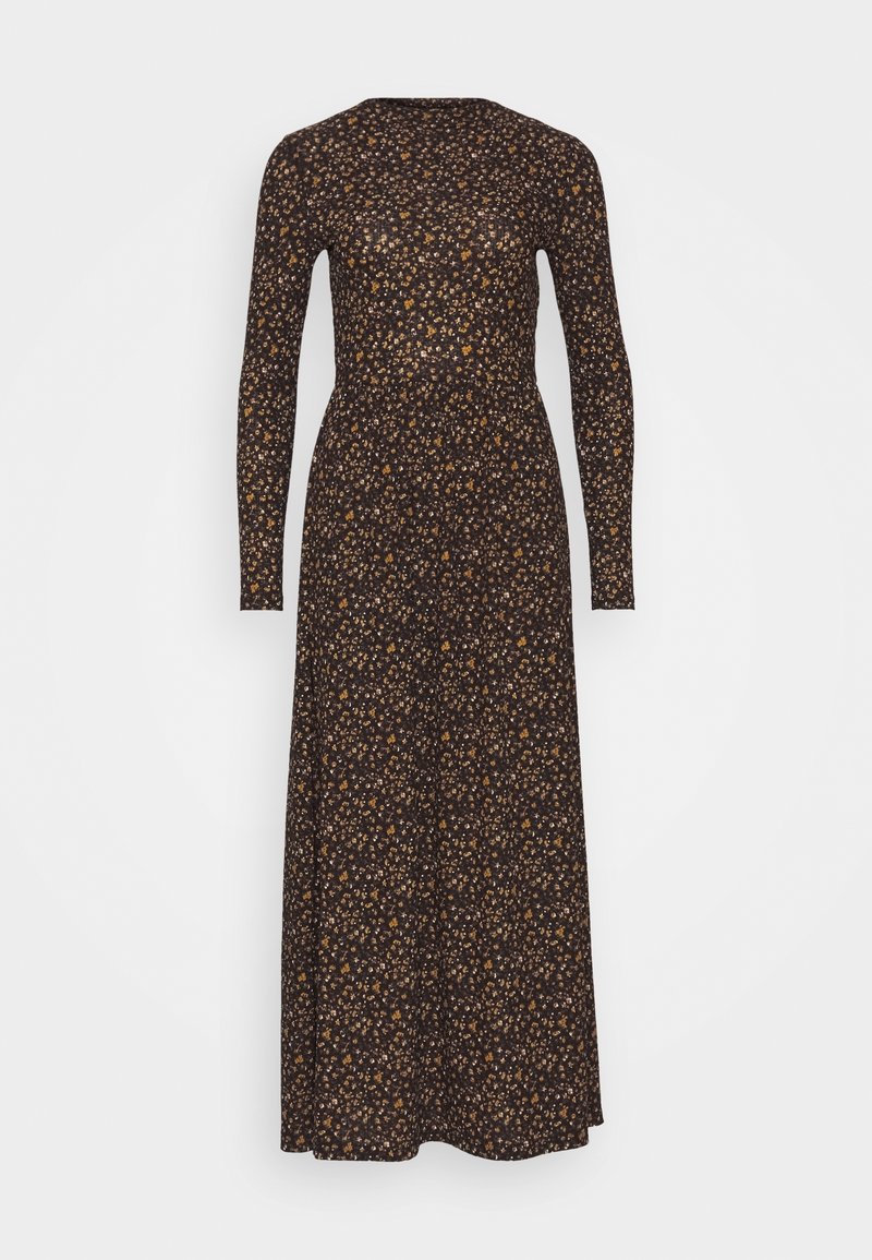 Robe marron foncé à manches longues et longueur cheville avec un petit motif floral jaune et beige, taille cintrée et encolure ronde.