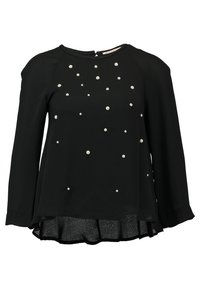 Blusa nera a maniche lunghe con scollatura arrotondata, caratterizzata da perle sparse e orlo arricciato. Realizzata in tessuto leggero con una texture liscia.