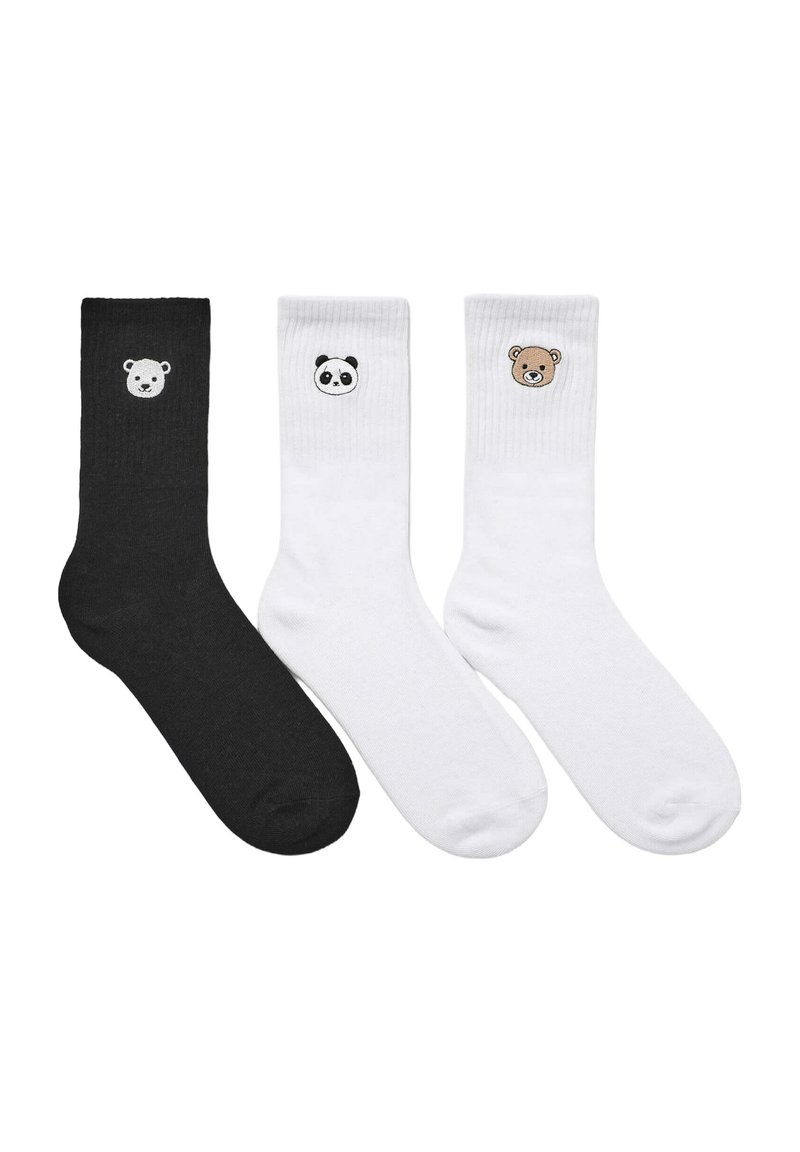 Tre paia di calze di cotone: un paio nero con un orso polare, e due paia bianchi con design di panda e orso bruno. Texture morbida, polsini a coste.
