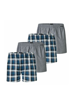 Four men's elastic waist boxer shorts in alternating blue plaid and solid gray patterns arranged in a staggered row.