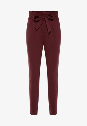 Bordeaux tapered broek met een stoffen riem. Heeft een hoge tailleband, zijzakken en een gladde textuur.