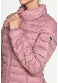 Giacca a vento rosa chiaro con imbottitura, caratterizzata da cuciture orizzontali, un colletto alto e chiusure con zip. Tessuto testurizzato con una leggera lucentezza e polsini aderenti.