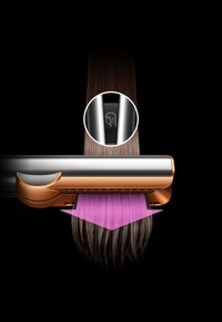 Piastra per capelli che stringe capelli castano lisci con un'icona luminosa che indica la funzione di controllo dell'effetto crespo o riduzione delle onde.