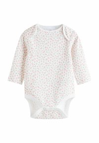 Bodysuit za dojenčke z dolgimi rokavi iz mehke bele bombažne tkanine s svetlo rožnatim cvetličnim vzorcem, z okroglim izrezom in s pritrdilnimi gumbi na dnu.