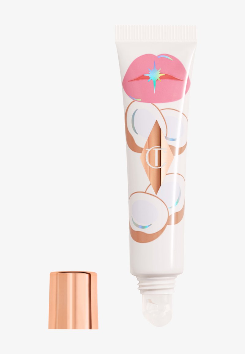 Weißer Tubus mit bunten Illustrationen von Kokosnüssen und Lippen, ausgestattet mit einem glänzenden roségoldenen Deckel und einer glatten Applikatorspitze.