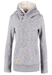 Harmaa heather-mallinen pullover-huppari, jossa on pehmeä fleecevuorattu sisäosa, suuri kauluksellinen kaula, puunapit ja alempi etutasku.