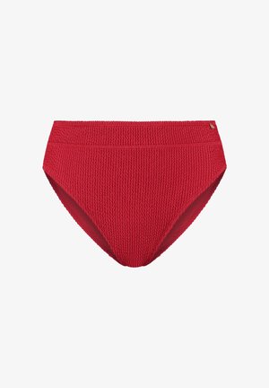 Czerwone, teksturowane majtki bikini z wysokim stanem, elastycznym paskiem w talii i delikatnym wzorem na tkaninie, prezentowane na białym tle.