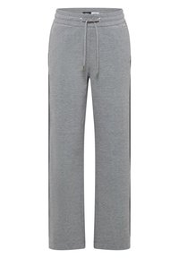 Pantalon de survêtement gris avec une taille élastique, un cordon de serrage, des jambes droites et des bandes latérales noires.