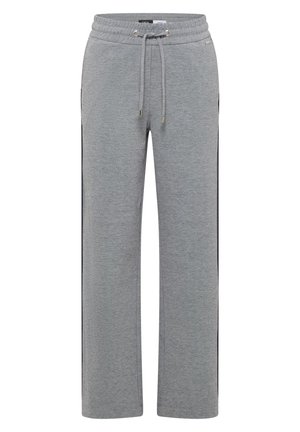 Pantalon de survêtement gris avec une taille élastique, un cordon de serrage, des jambes droites et des bandes latérales noires.