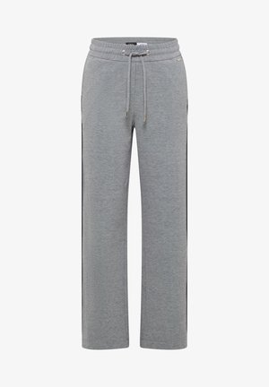 Pantalones de chándal grises con cintura elástica, cordón de ajuste, piernas rectas y rayas laterales negras.