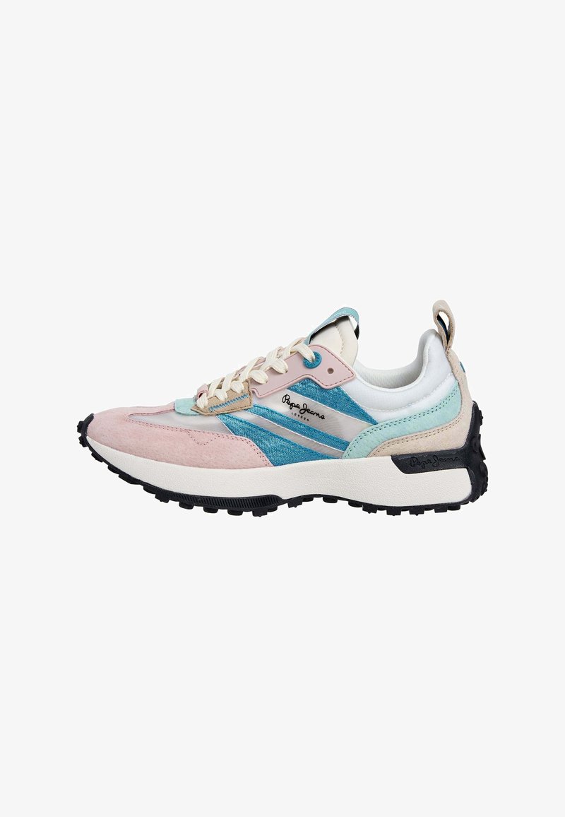 Chaussures de course avec une tige en suède et en mesh multicolore rose, bleu et blanc. Dotées d'une semelle extérieure en caoutchouc noir et de lacets contrastants.
