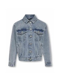 Džínová bunda se světle modrým povrchov ým nádechem, klasickým límcem, zapínáním na knoflíky, dvěma náprsními kapsami a dlouhými rukávy s knoflíkovými manžetami.