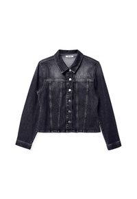 Veste en jean noire avec fermeture à boutons, col et manches longues. Le tissu présente une finition délavée avec des coutures structurées et des poches.