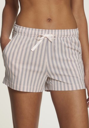 Pantaloni corti a righe rosa e bianche con vita regolabile e tasche laterali, caratterizzati da un morbido tessuto e una vestibilità comoda.