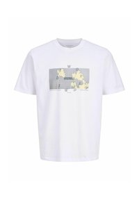 Hvid bomulds T-shirt med et rektangulært grafisk design i grå og gul, med teksten "WORLD" og "ORIGINALS" centreret på forsiden.
