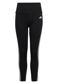 Leggings atléticos negros con una cinturilla alta, rayas blancas en los laterales y una textura de tela suave. Logo de Adidas en la parte delantera.