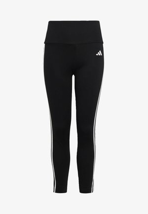 Leggings atléticos negros con una cinturilla alta, rayas blancas en los laterales y una textura de tela suave. Logo de Adidas en la parte delantera.