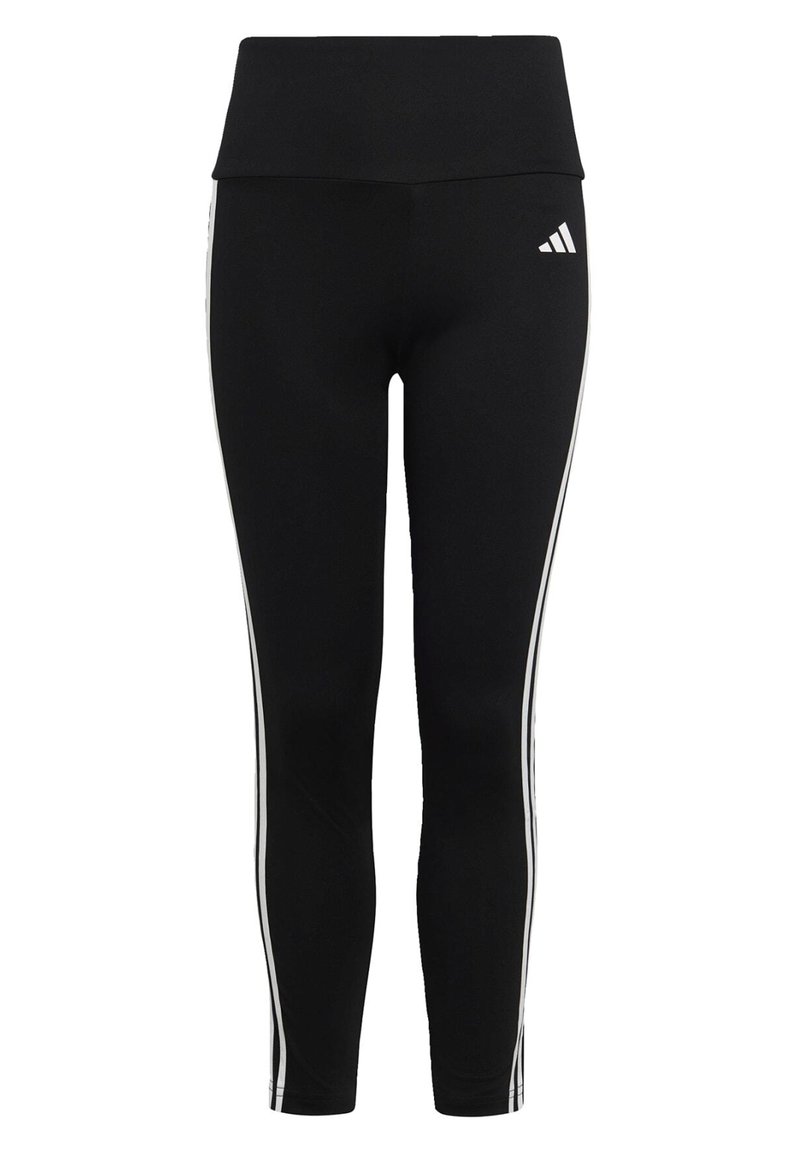 Leggings atléticos negros con una cinturilla alta, rayas blancas en los laterales y una textura de tela suave. Logo de Adidas en la parte delantera.