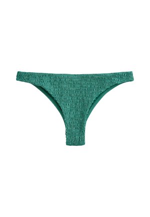 Zielony dół bikini wykonany z materiału o fakturze, charakteryzujący się niskim stanem, cienkimi bokami i marszczonym wzorem dla idealnego dopasowania.