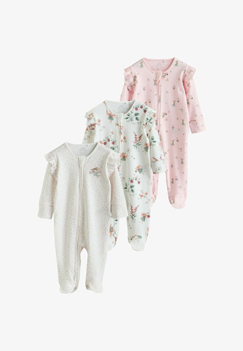 Trois bodies pour bébés à motif floral avec des épaules à volants, un beige, un blanc et un rose, tous avec des fermetures éclair à l'avant et des jambes couvrantes.
