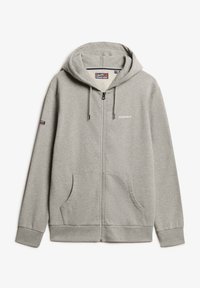 Grå zip-up hoodie i blødt stof, med hætte, frontlommer og et lille logo på brystet. Ribbet manchetter og kant.