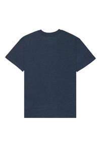 Mørkeblå T-shirt med kort ærme lavet af tekstureret stof, med rund hals og et enkelt, ensfarvet design uden mønstre eller accenter.