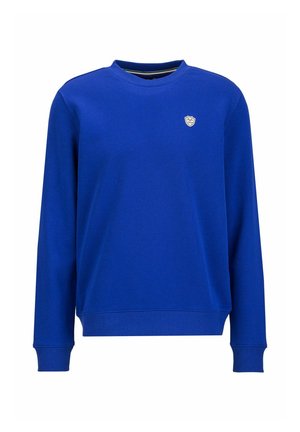 Blaues Langarm-Sweatshirt aus Baumwollmischung mit Rundhalsausschnitt, gerippten Bündchen und kleinem Logo auf der Brust. Weiche Textur.