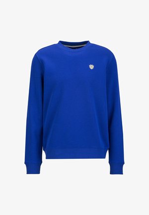 Blauwe lange mouwen sweatshirt van een katoenmix, met een ronde hals, geribbelde manchetten en een klein logo op de borst. Zachte textuur.