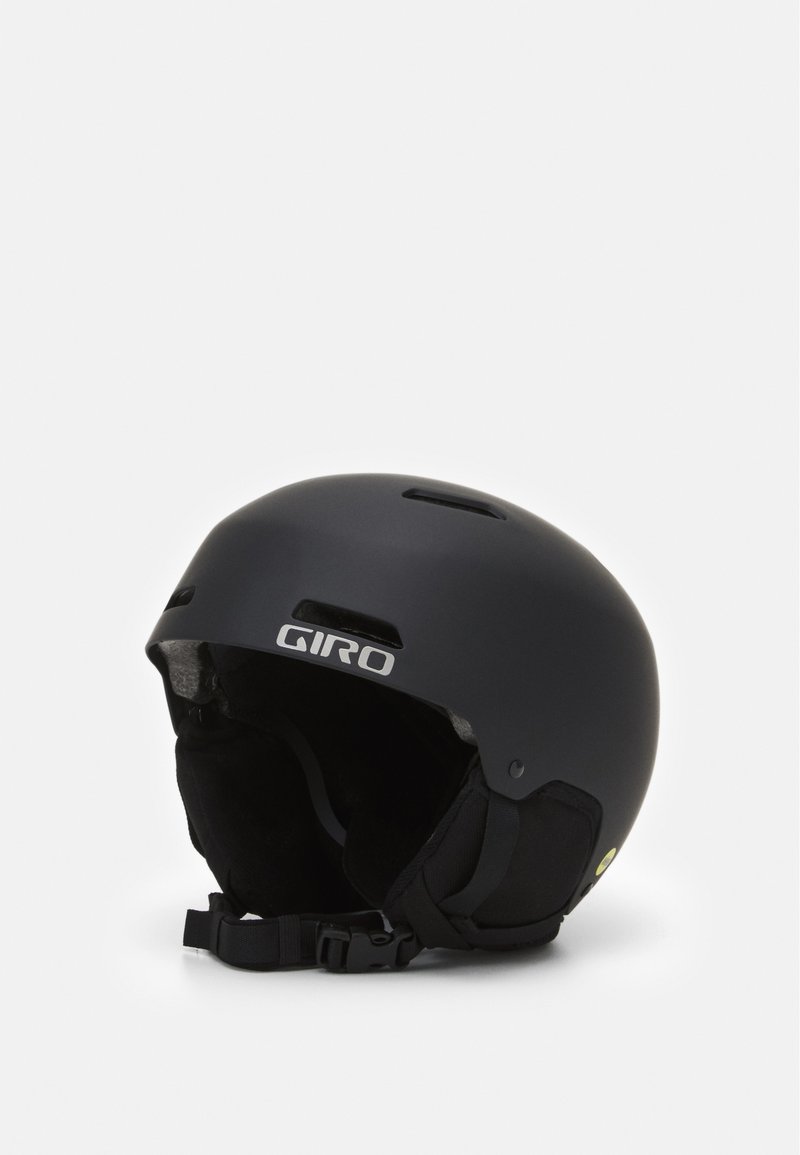 Black Giro helmet with a smooth matte finish, ventilation slots, and soft interior padding. Features adjustable straps for secure fit.