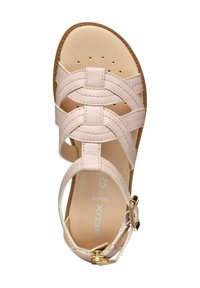 Sandalino rosa chiaro con cinturini incrociati in pelle liscia. Presenta una soletta imbottita, perforazioni e una piccola fibbia metallica.