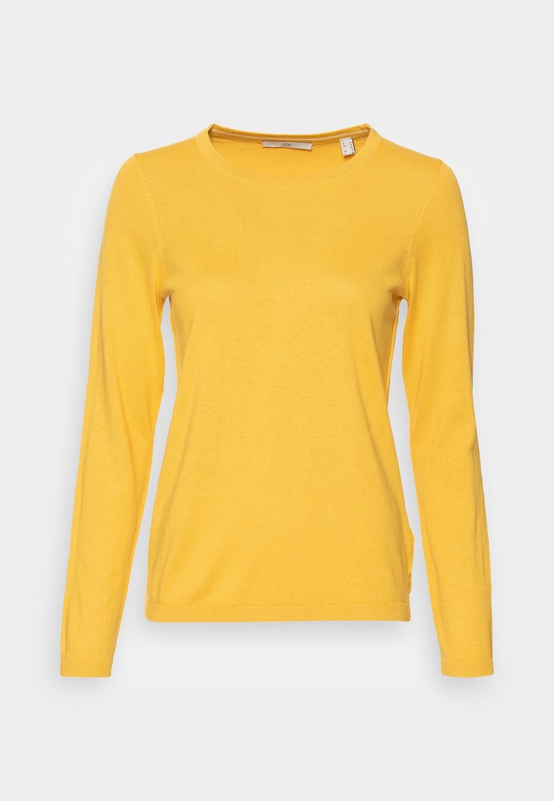 Gelber langärmeliger Pullover mit runder Ausschnitt, gerippten Bündchen und einer glatten Strickstruktur. Keine sichtbaren Muster oder Akzente.