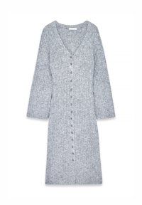 Gray ribbed knit dress with a V-neck, long sleeves, and front button closure. Features a soft texture and a fitted silhouette.