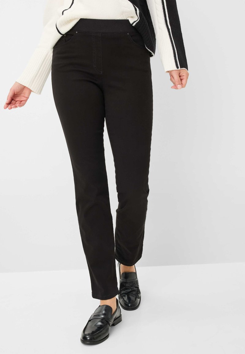 Schwarze, eng anliegende Hosen mit glatter Textur und einem hohen, elastischen Bund, ausgestattet mit Vorderentaschen und einem geraden Bein.