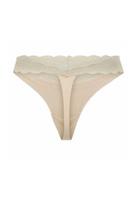 Beige Tangas mit einem strukturierten Spitzenbund, der eine schmale Rückseite und glattes Material aufweist. Zarte gewellte Kante an der Spitze.